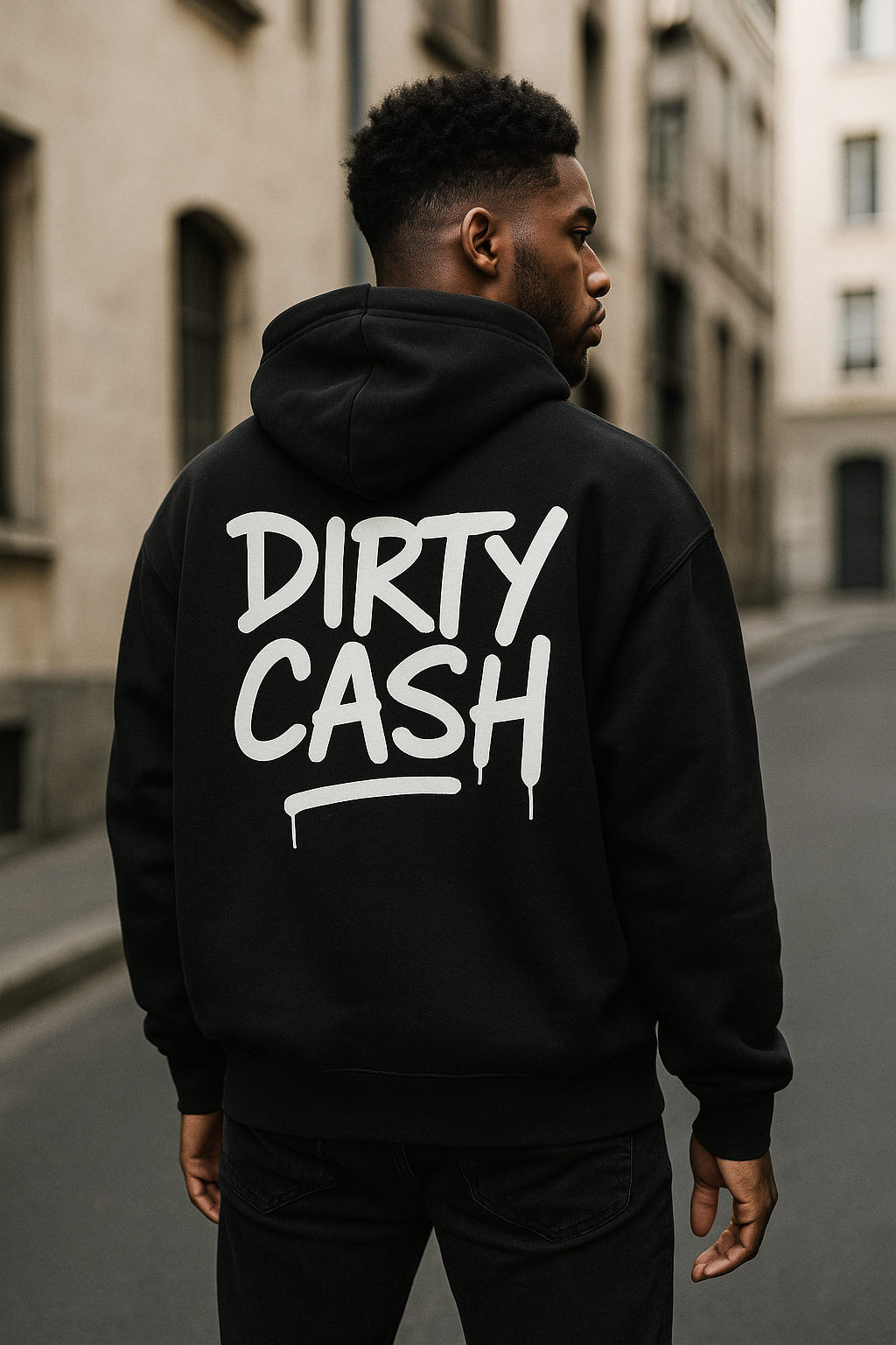 Dirty Cash Co logo hoodie in black. Oversized, heavyweight streetwear with graffiti-inspired branding.